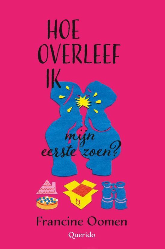 Hoe overleef ik mijn eerste zoen?, Francine Oomen, roze omslag met twee blauwe figuren die zoenen, tweedehands