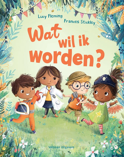 Wat wil ik worden?, Lucy Fleming en Frances Stickley, groene omslag met vier verklede kinderen in het gras, tweedehands