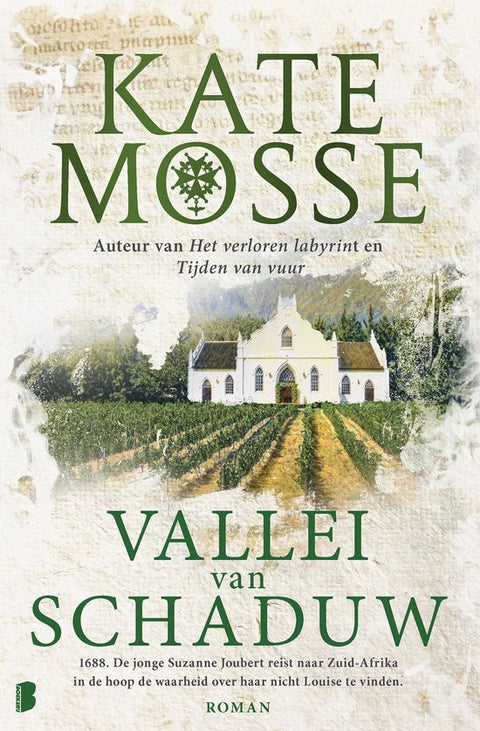 Vallei van schaduw, Kate Mosse, roman, omslag met een wit landhuis achter een wijngaard, tweedehands