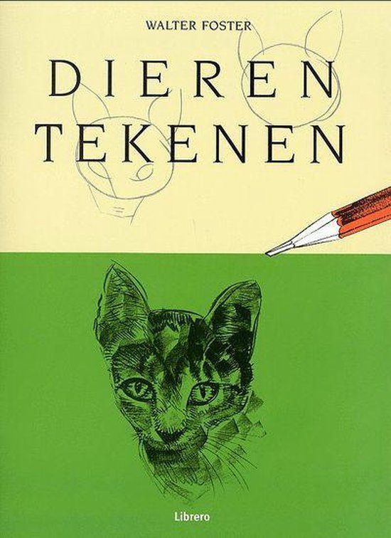 Dieren tekenen, Walter Foster, groene en gele omslag met een getekende kattenkop en een potlood, tweedehands