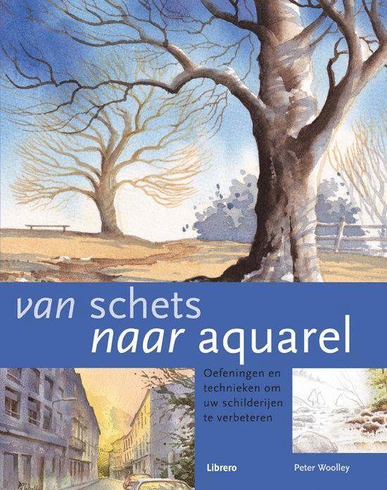 Van schets naar aquarel, Peter Woolley, omslag met een aquarel van een kale boom en een blauwe band, tweedehands
