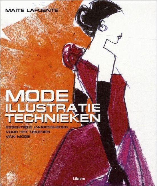 Mode illustratietechnieken, Maite Lafuente, oranje omslag met een getekende vrouw in een rode jurk, tweedehands