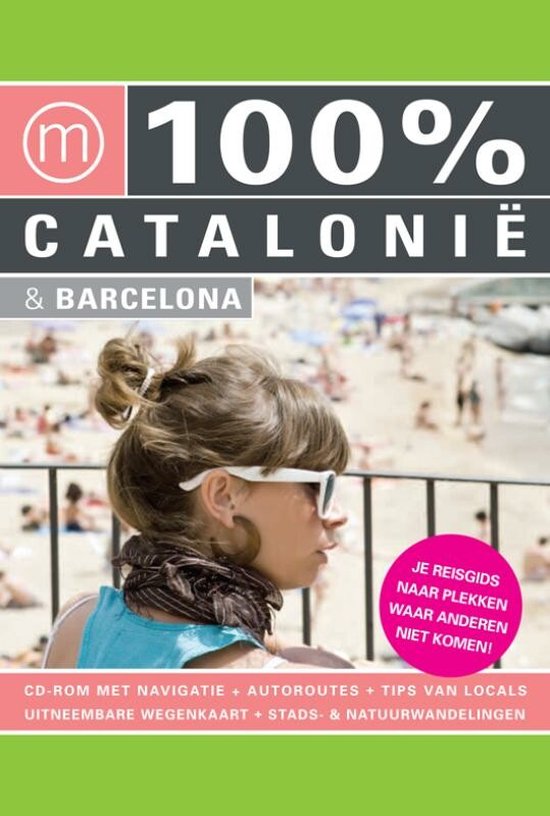 100% Catalonië & Barcelona, Annebeth Vis, groene omslag met een vrouw met zonnebril bij een strand, tweedehands