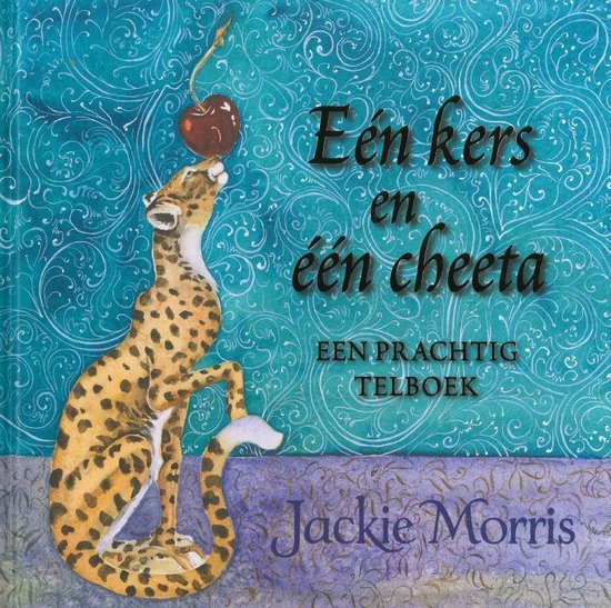 Eén kers en één cheeta, Jackie Morris, telboek, turquoise omslag met een cheeta met een kers op de neus, tweedehands