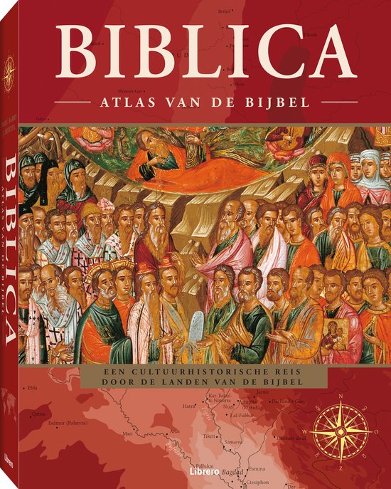 Biblica, Atlas van de Bijbel, Barry J. Beitzel, rode omslag met een schildering met figuren en een landkaart, tweedehands