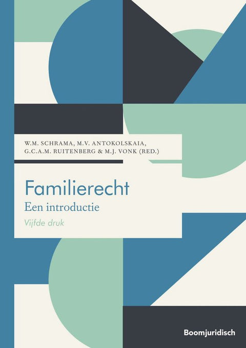 Familierecht, Een introductie, W.M. Schrama, vijfde druk, omslag met blauwe en groene geometrische vlakken, tweedehands