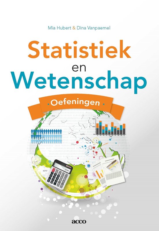 Statistiek en Wetenschap Oefeningen, Mia Hubert en Dina Vanpaemel, omslag met een wereldbol en een rekenmachine, tweedehands