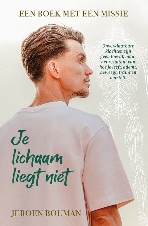 Je lichaam liegt niet, Jeroen Bouman, lichte omslag met een man in een wit shirt van opzij gezien, tweedehands