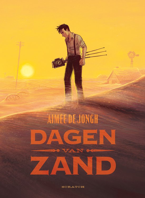 Dagen van zand, Aimee de Jongh, gele omslag met een man met een camera op statief in een stoffig landschap, tweedehands
