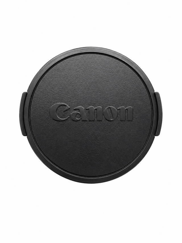 Canon vintage lensdop 48mm, zwart met ingeperst Canon-logo en klemmen aan de zijkant, voorkant