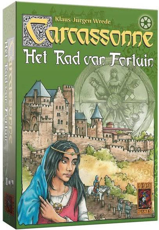 999 Games Carcassonne Het Rad van Fortuin bordspel, doos voorkant met een middeleeuwse stad en een vrouw