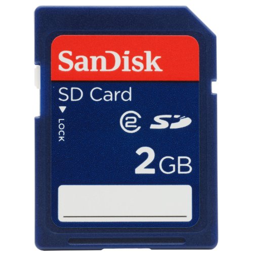 SanDisk SD-kaart 2GB SDSDB-2048, blauw, voorkant met opschrift SD Card 2GB en schrijfvlak