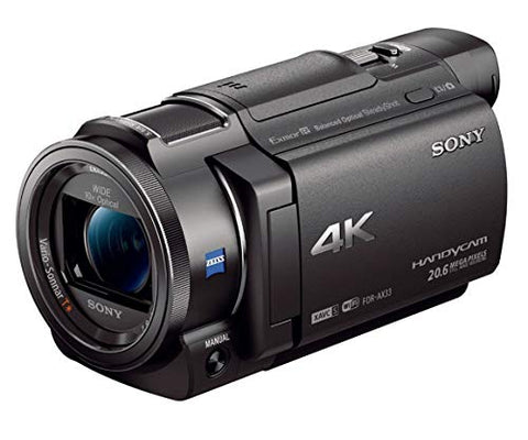 Sony FDR-AX33 4K Ultra HD Handycam camcorder, zwart, schuin van voren met Zeiss-lens en 4K-opdruk, tweedehands