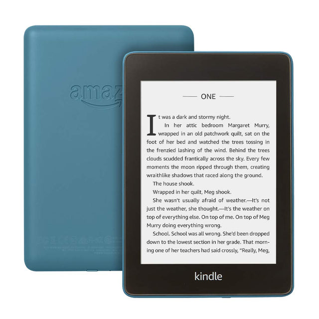 Amazon Kindle Paperwhite 6 inch Wi-Fi 10e generatie, Blauw (Twilight Blue), voorkant met boektekst en achterkant