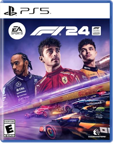 PlayStation 5 F1 24, doos voorkant met drie coureurs en Formule 1-wagens, Amerikaanse ESRB-uitgave, tweedehands