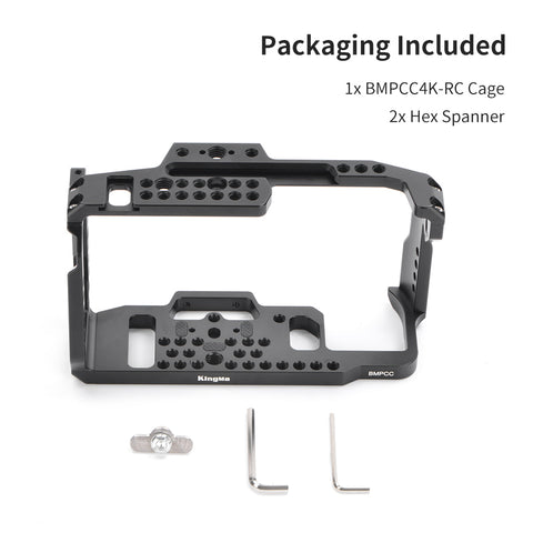 KingMa camera cage voor Blackmagic Pocket Cinema Camera 6K, overzicht van de inhoud met cage, schroef en twee inbussleutels