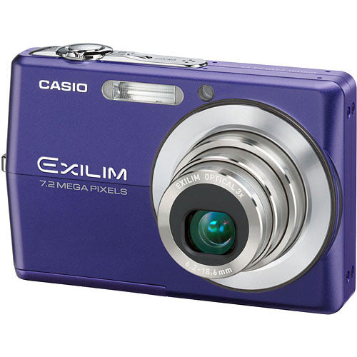 Casio Exilim EX-Z700 digitale compactcamera, blauw, schuin vooraanzicht met 3x zoomlens, tweedehands