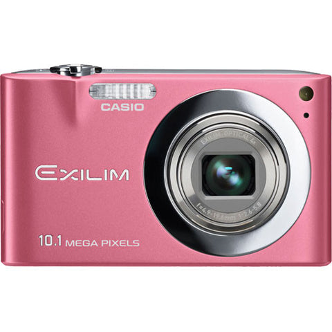 Casio Exilim EX-Z100 digitale compactcamera, roze, voorkant met 4x zoomlens en 10.1 megapixel, tweedehands