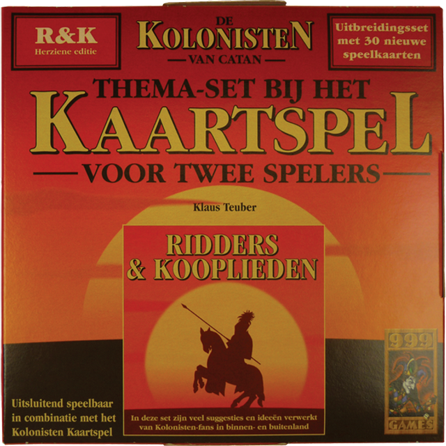 999 Games De Kolonisten van Catan Het Kaartspel uitbreiding Ridders en Kooplieden, doos voorkant met ridder te paard