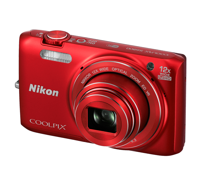 Nikon Coolpix S6800 compactcamera, rood, schuin van voren, tweedehands