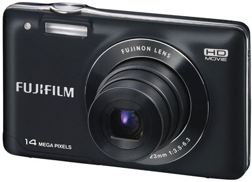 Fujifilm FinePix JX500 digitale compactcamera, zwart, voorkant met Fujinon-zoomlens en opschrift 14 megapixels