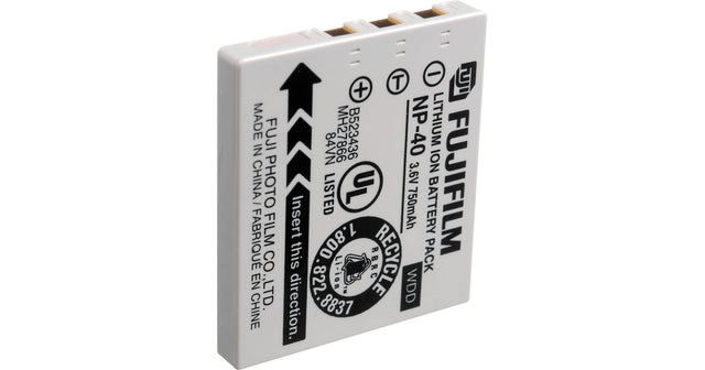 Fujifilm NP-40 of NP-40N accu voor FinePix F en Z, wit, accu rechtop met label 3.6V 750mAh, tweedehands