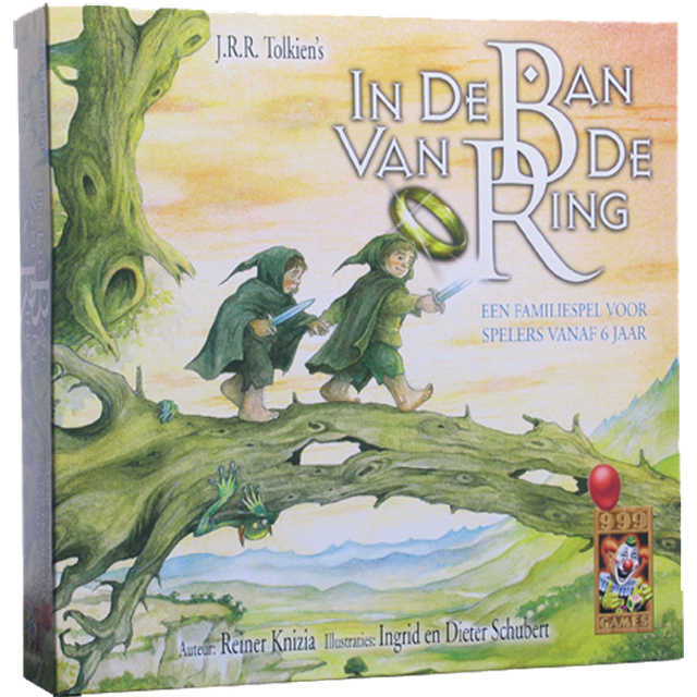 999 Games In de Ban van de Ring Junior familiespel van Reiner Knizia, doos voorkant met twee hobbits