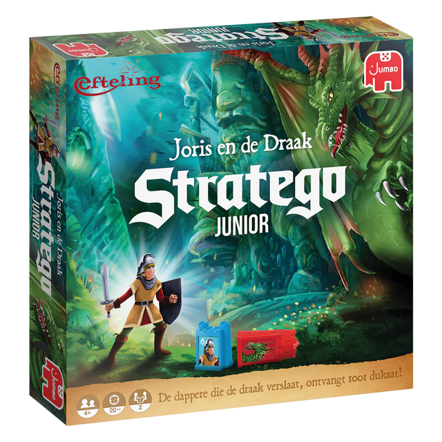 Jumbo Stratego Junior Efteling Joris en de Draak bordspel, doos voorkant met ridder en groene draak