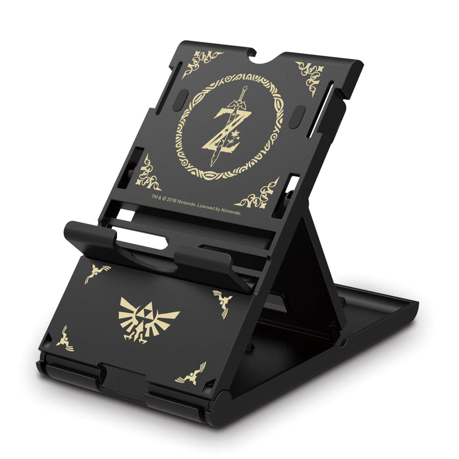 Hori PlayStand voor Nintendo Switch in Zelda-uitvoering, zwart met gouden opdruk, opengeklapt
