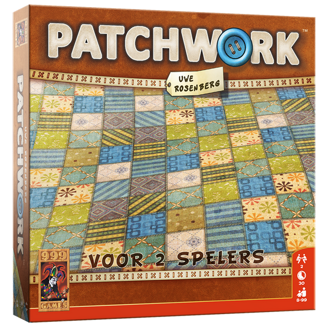999 Games Patchwork bordspel voor 2 spelers van Uwe Rosenberg, doos voorkant met quiltpatroon