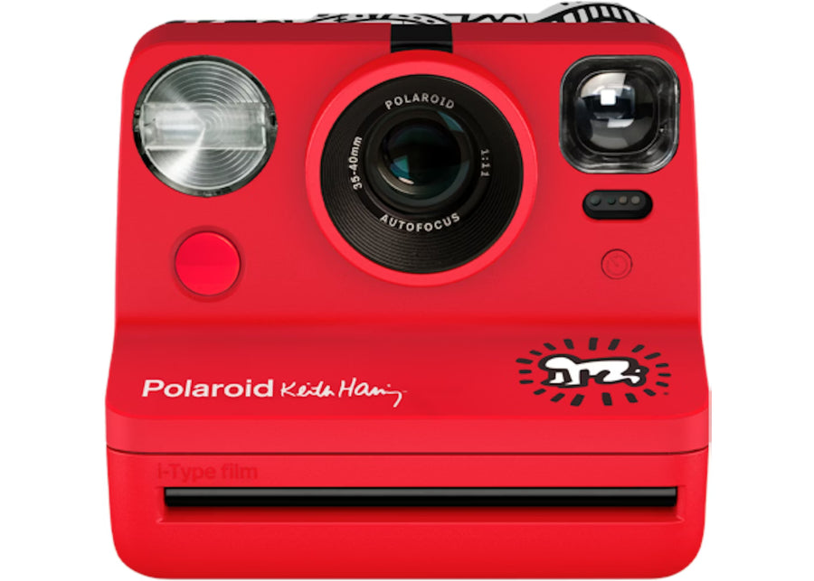 Polaroid Now i-Type instant camera Keith Haring Edition, rood met Keith Haring-tekening, voorkant, tweedehands