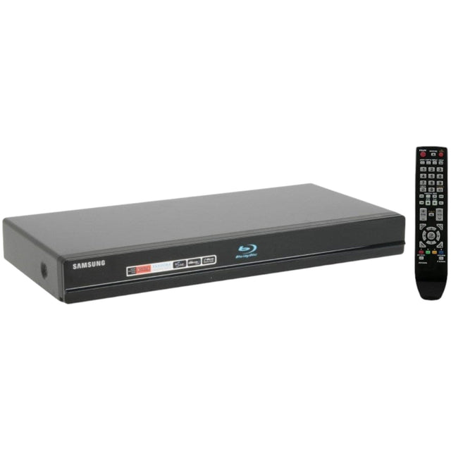 Samsung BD-P1600 Blu-ray speler, zwart, schuin van voren met afstandsbediening ernaast, tweedehands