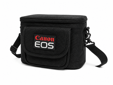 Canon EOS New Wave cameratas, zwart met Canon EOS-logo en schouderriem, voorkant, tweedehands