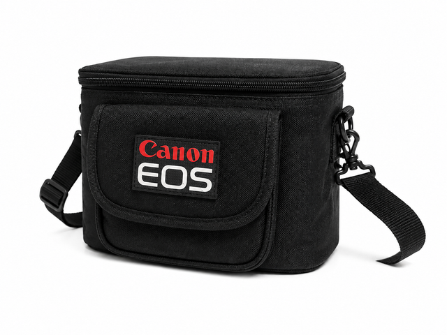 Canon EOS New Wave cameratas, zwart met Canon EOS-logo en schouderriem, voorkant, tweedehands
