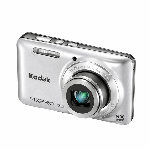 Kodak PixPro FZ52 digitale compactcamera, zilver, schuin vooraanzicht met 5x zoomlens, tweedehands