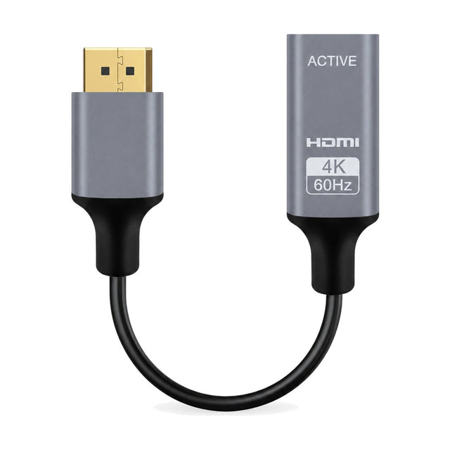 Grijze actieve DisplayPort naar HDMI adapter met kort zwart kabeltje, vergulde DisplayPort-stekker en HDMI-behuizing met opdruk 4K 60Hz, vooraanzicht
