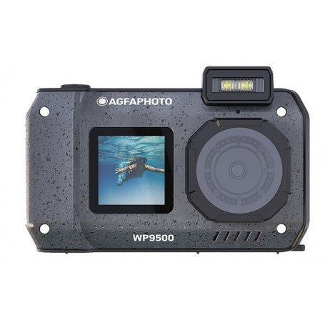 AgfaPhoto Realishot WP9500 waterdichte compactcamera, zwart, voorkant met selfiescherm en waterdruppels, tweedehands