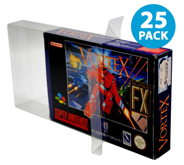 25 SNES en N64 game box protectors, doorzichtige hoes om een Super Nintendo-doos Vortex, met badge 25 pack