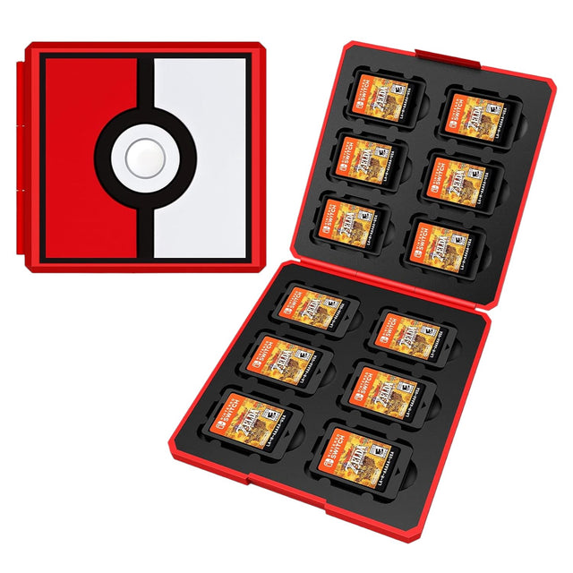 Case voor 12 Switch cartridges Poke Ball Edition, rood-wit, ter illustratie gevuld met games, tweedehands