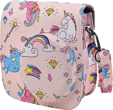 Case voor Instax Mini 11, roze met eenhoorns en regenbogen, voorkant met draagriem, tweedehands