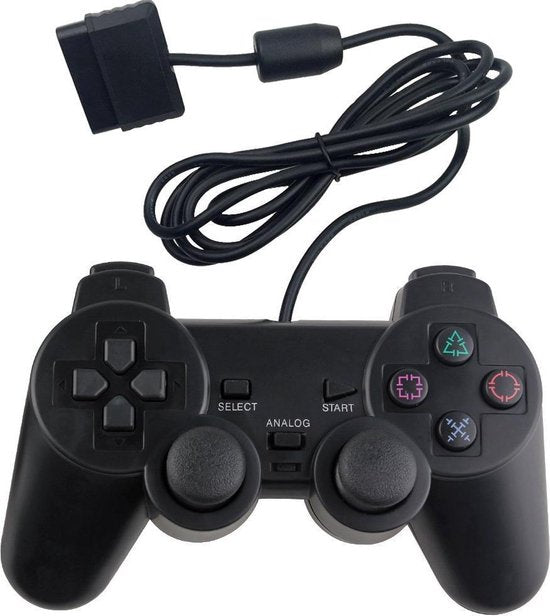 Bedrade controller voor PlayStation 2, zwart, voorkant met kabel en stekker, tweedehands