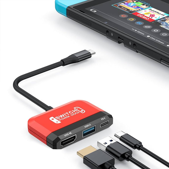 Dock TV adapter met HDMI, USB 3.0 en USB-C voor Nintendo Switch, aangesloten op een Switch console, tweedehands