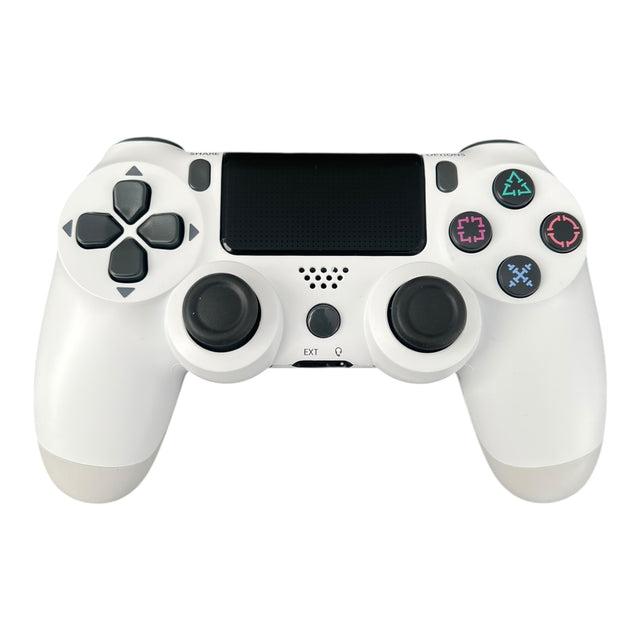 Draadloze controller voor PlayStation 4, wit met zwarte sticks en touchpad, voorkant