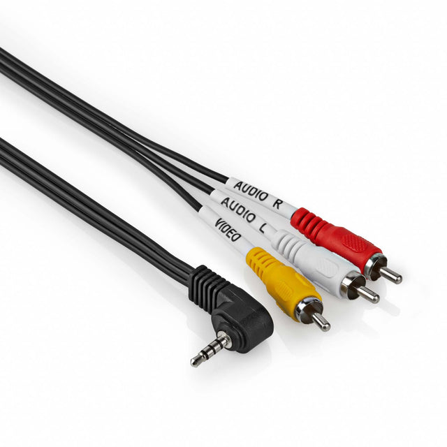 Jack 3,5mm naar AV tulpkabel, zwart, close-up van de jackstekker en drie tulpstekkers