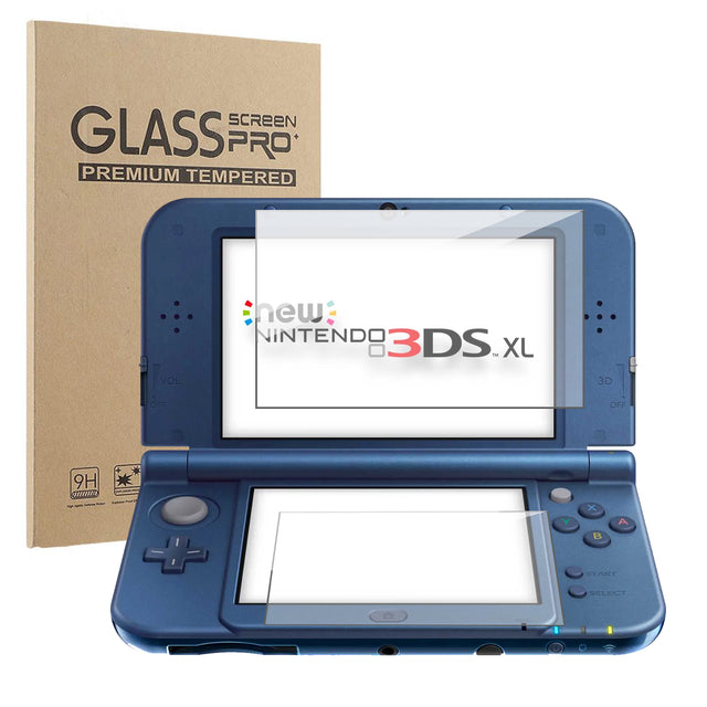 Tempered glass screenprotector voor New Nintendo 3DS XL, met verpakking naast een geopende console