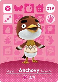 Nintendo amiibo-kaart Animal Crossing Anchovy nummer 219 serie 3, voorkant met bruine vogel, tweedehands