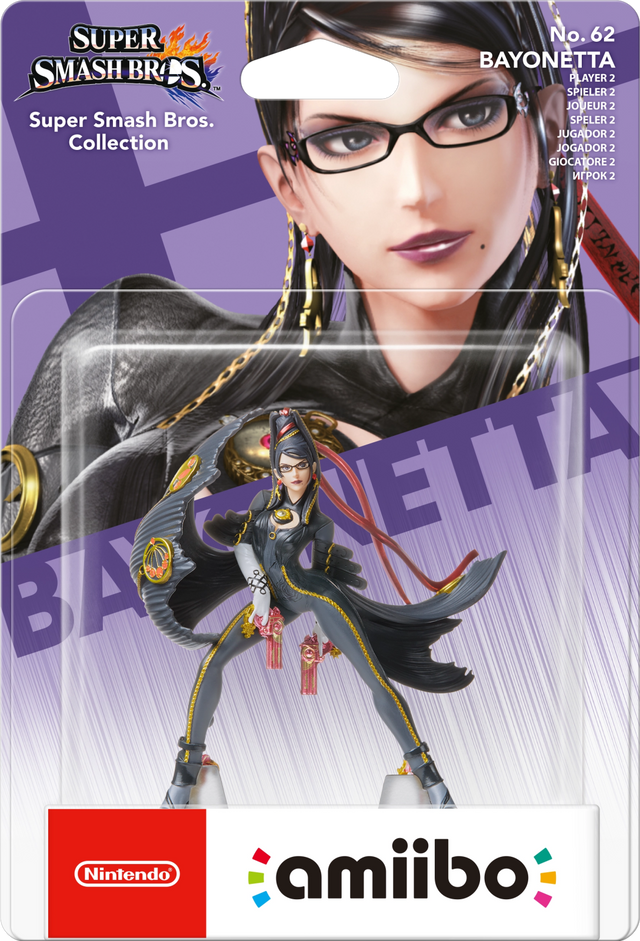 Nintendo amiibo Bayonetta Player 2 nr. 62 Super Smash Bros. series, Bayonetta in zwart-gouden pak in blister, voorkant
