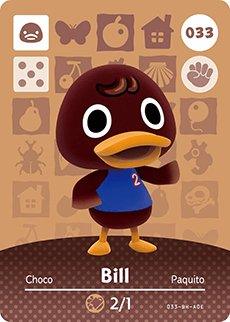 Nintendo amiibo-kaart Animal Crossing Bill nummer 033 serie 1, voorkant met bruine eend in blauw shirt, tweedehands
