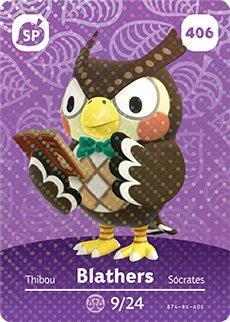 Nintendo amiibo-kaart Animal Crossing Blathers nummer 406 serie 5, voorkant met uil met boek, tweedehands