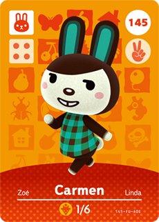 Nintendo amiibo-kaart Animal Crossing Carmen nummer 145 serie 2, voorkant met konijn in groen geruit jurkje, tweedehands